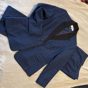 Le Suit Navy Windowpane Blazer with Black Satin Shawl Collar